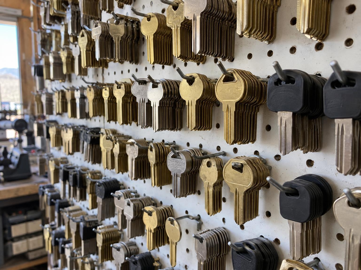 Rows of key blanks on the shop wall