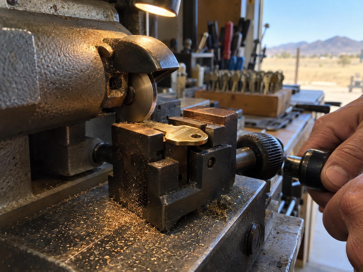 Cutting a brass house key on the key machine