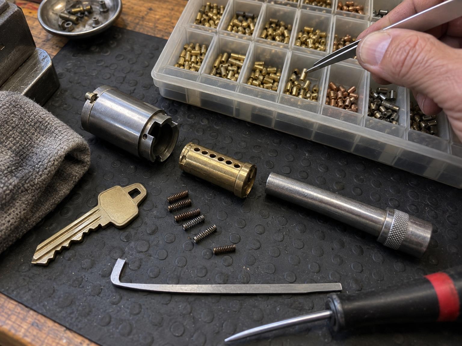 Rekeying a lock cylinder with a pinning kit and tweezers