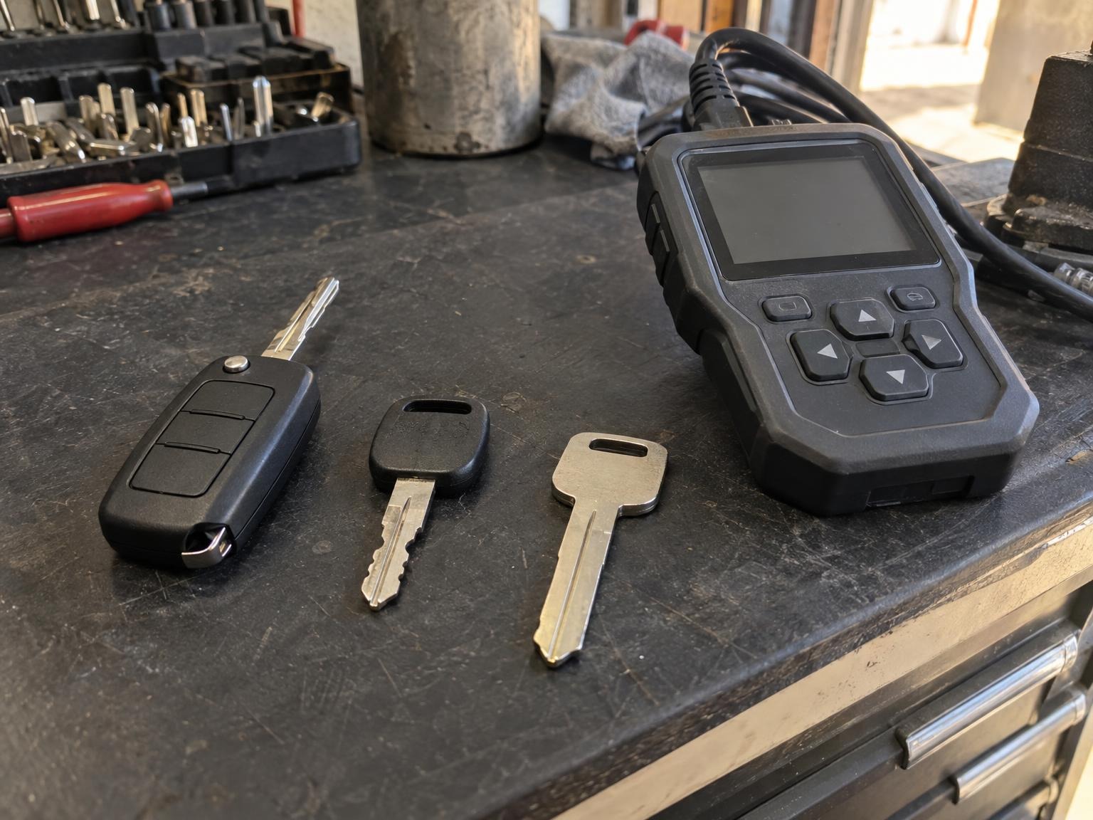 A new smart car key, a transponder key and a key programmer on the bench