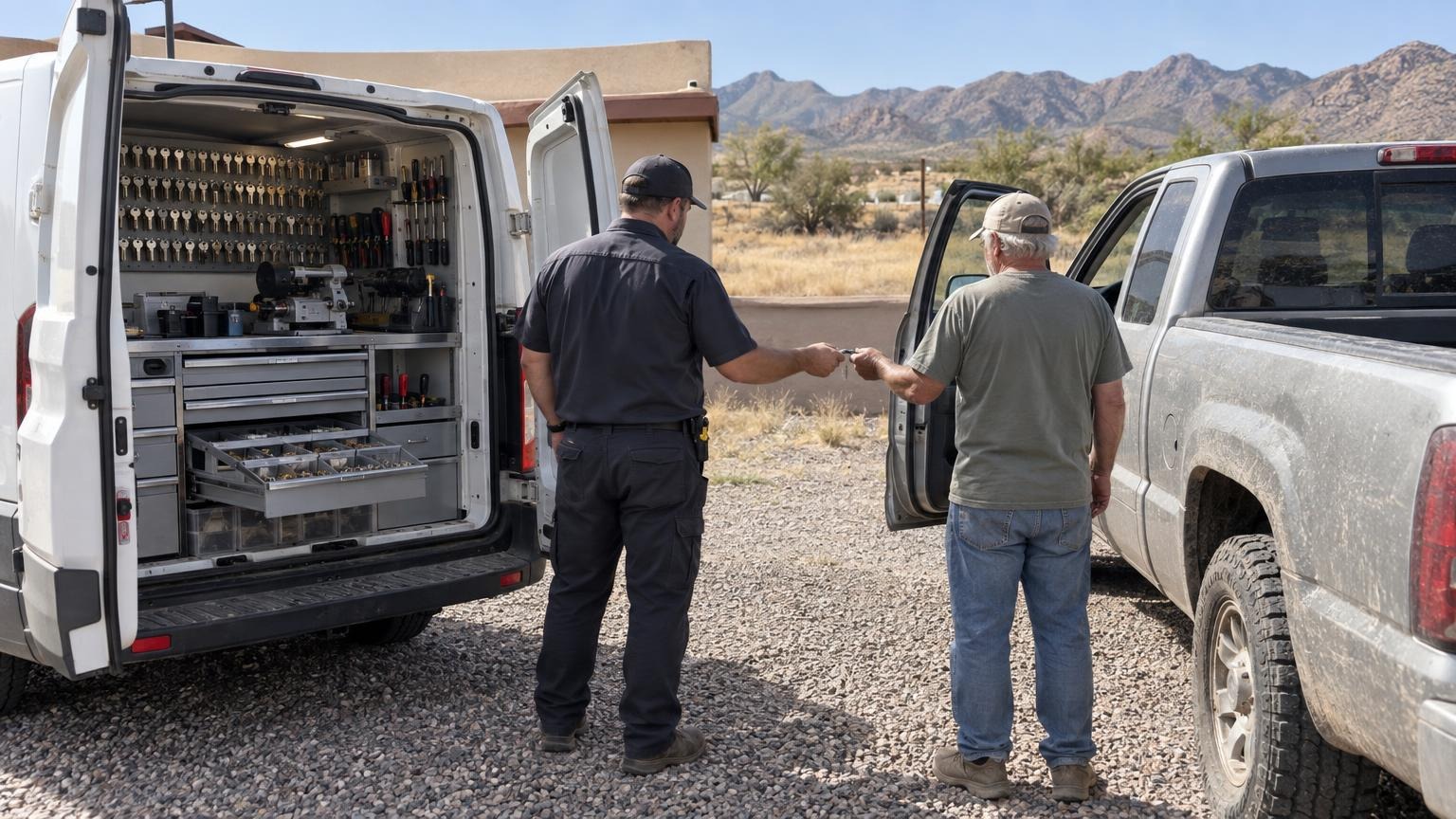 A locksmith opening a locked pickup truck door with an air wedge and a reach tool