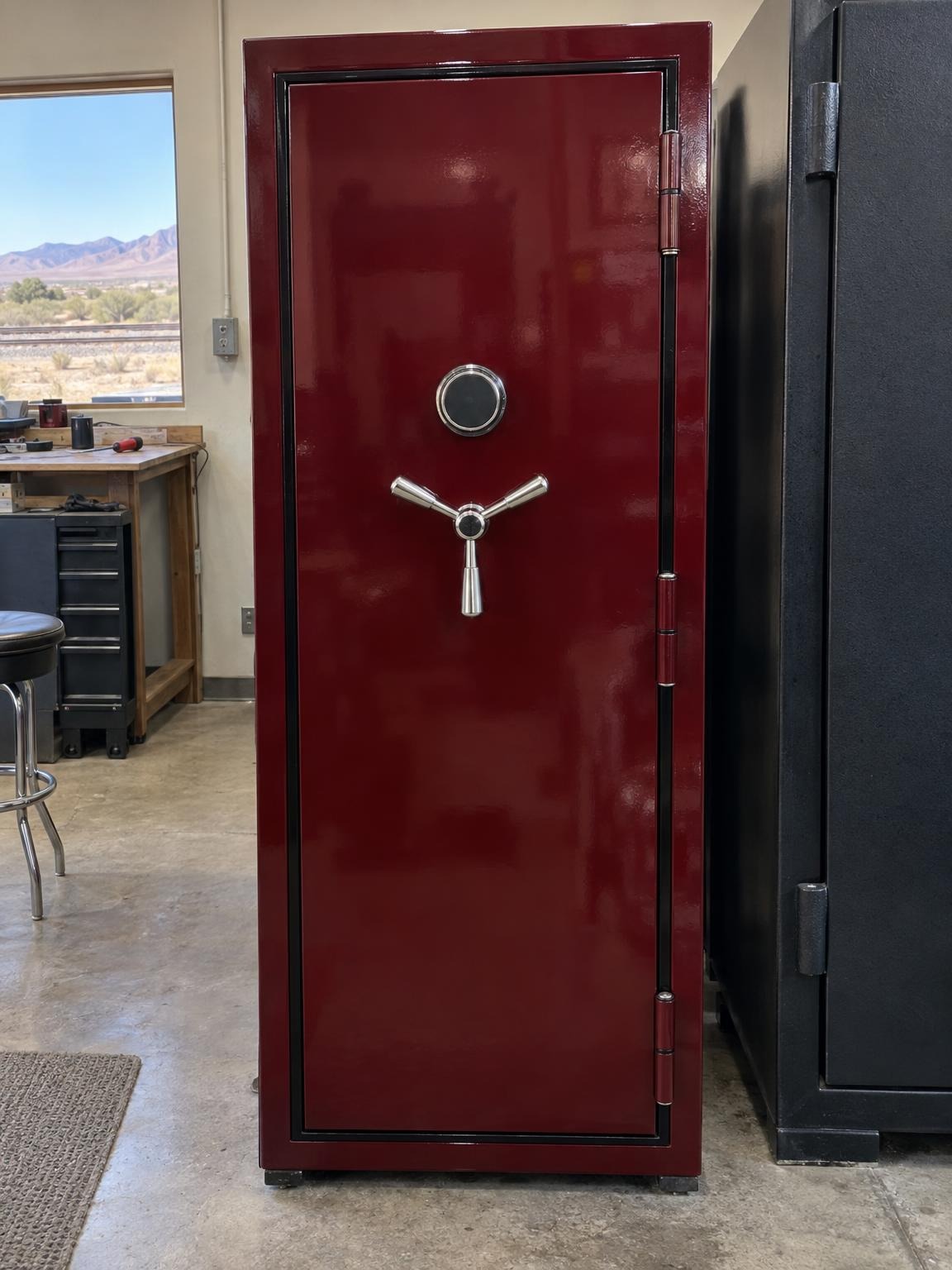 Oxblood red gun safe on the showroom floor