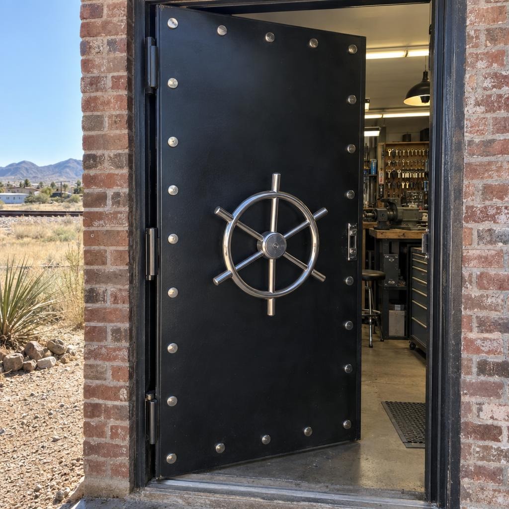 Vault-style front door of the shop